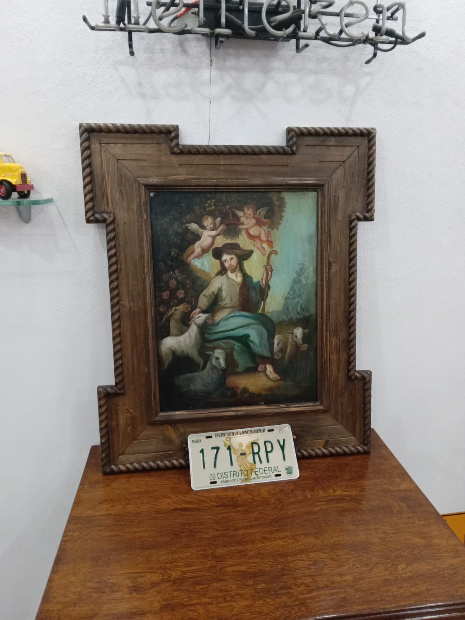 Imagen de Antigua pintura sobre lámina de Zinc el Divino pasto numero 0