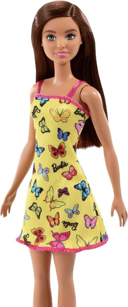 Imagen de Barbie original castaña basic vestido amarillo mariposas