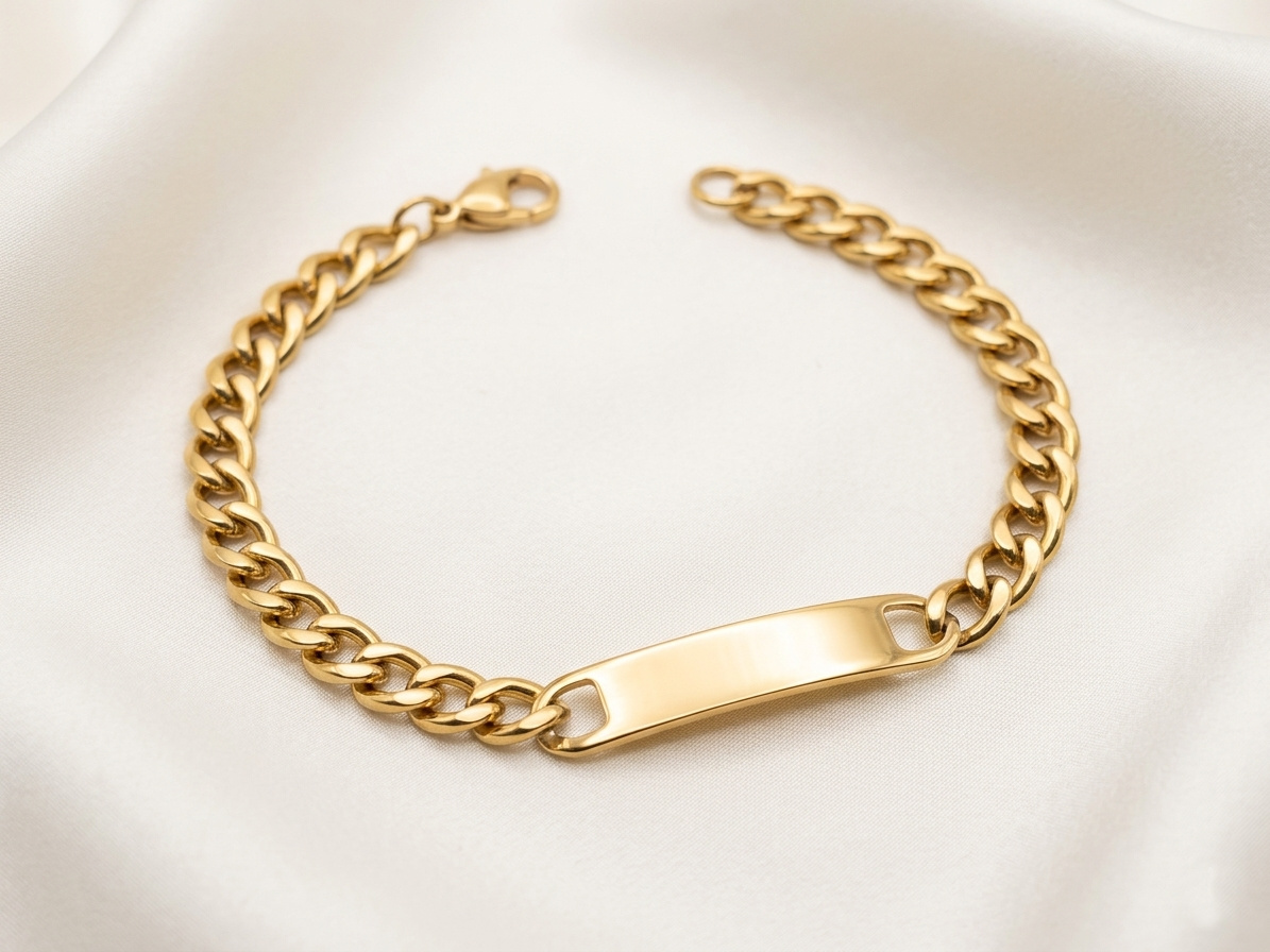 Imagen de Esclava Cubana Oro Laminado 18K con Placa - Pulsera de Acero Inoxidable 21cm numero 3