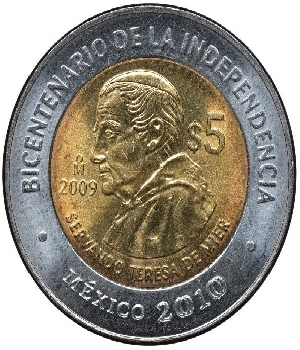 Imagen de Moneda Servando Teresa De Mier 5 pesos bicentenario de la Independencia Mexico 2009 numero 0