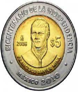 Imagen de Moneda de 5 pesos Francisco Xavier Mina Centenario de la Revolucion Circulada