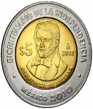 Imagen de Moneda de 5 pesos Hermenegildo Galeana 2008 Bicentenario de la Independencia numero 0