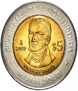 Imagen de Nicolas Bravo Moneda de 5 pesos Bicentenario de la Independencia de Mexico