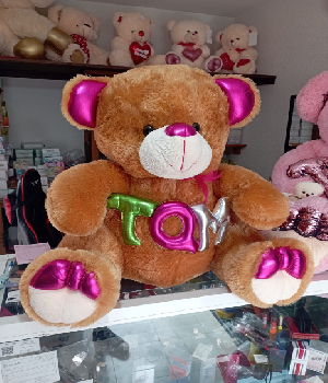 Imagen de Oso de peluche café con detalles rosas TQM 75 cm sentado gordito numero 0