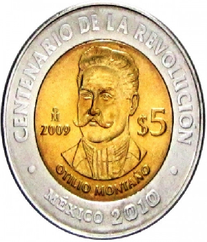Imagen de Otilio Montaño Moneda  de 5 pesos del centenario de la Revolucion